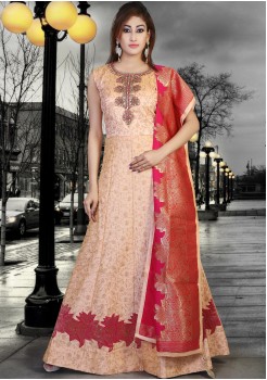 PEACH AND RED COLOR DESIGNER GOWN